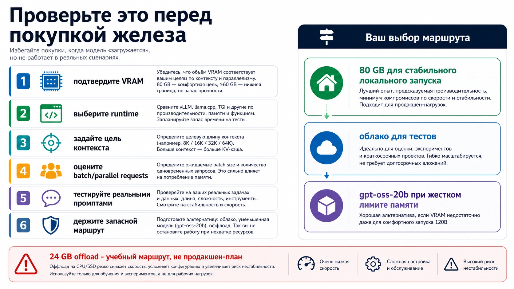 Проверочный лист перед покупкой GPT-OSS 120B: VRAM, runtime, context, batch, real prompts и fallback route