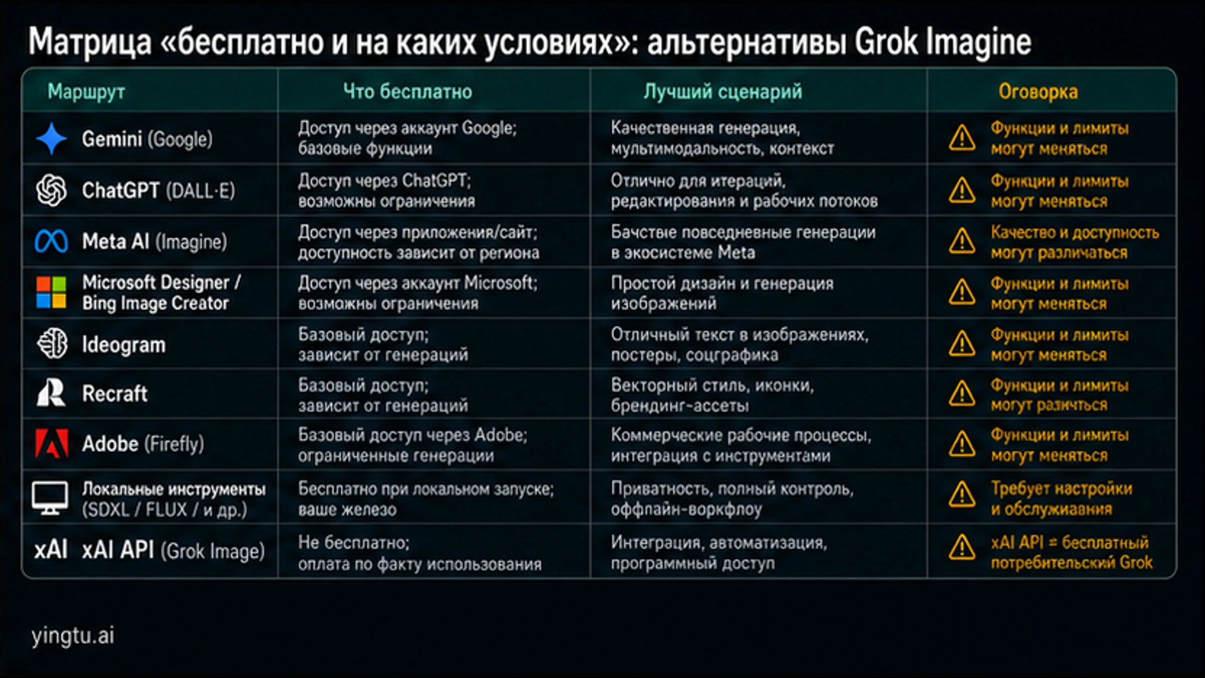 Матрица бесплатного контракта для Gemini, ChatGPT, Meta AI, Microsoft Designer, Ideogram, Recraft, Adobe, локальных инструментов и xAI API