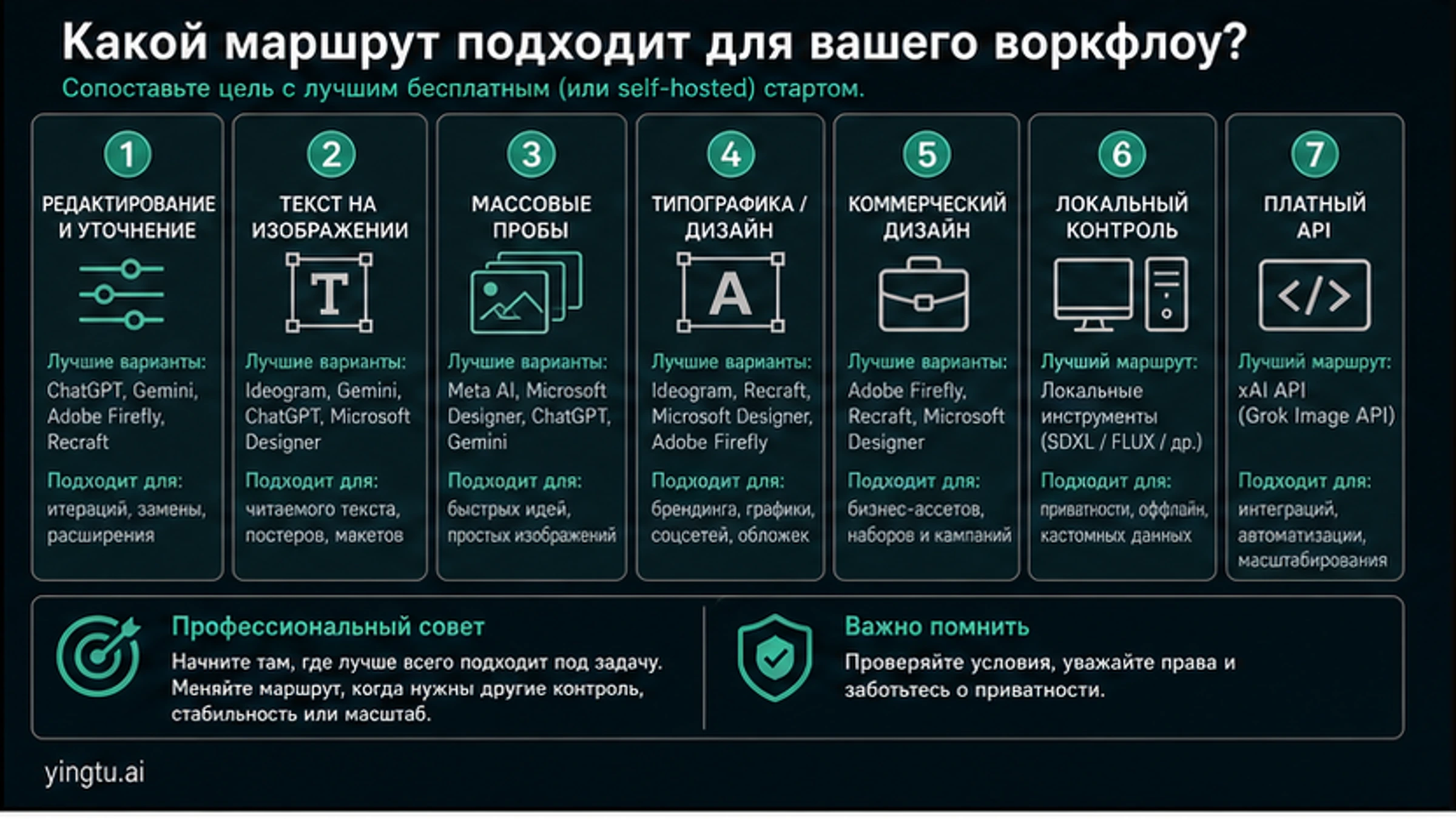 Выбор рабочего процесса для альтернатив Grok: редактирование, текст, быстрые черновики, типографика, коммерческий дизайн, локальный контроль и API