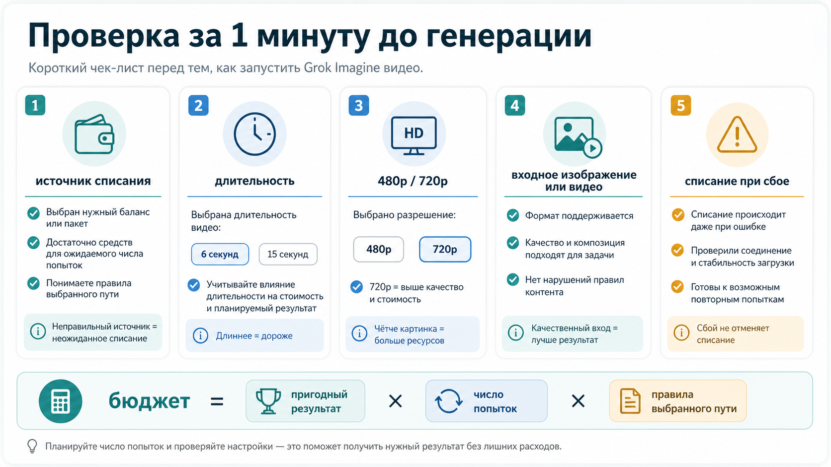 Чек-лист перед запуском Grok Imagine Video: владелец счета, секунды, разрешение, входные медиа и баланс