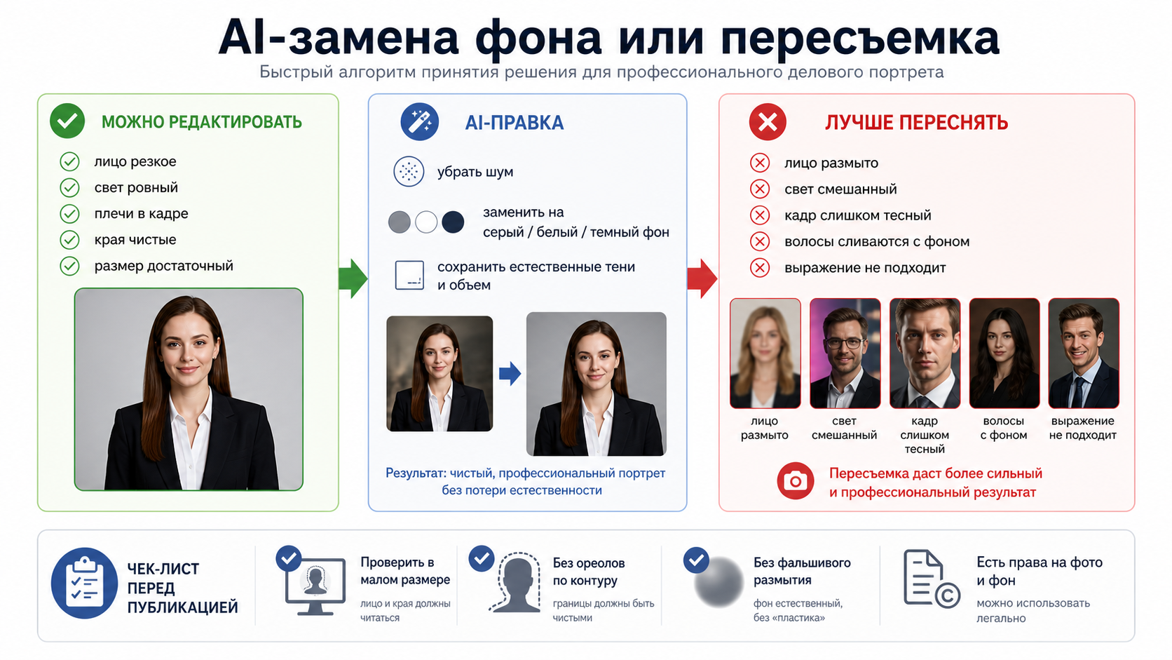 Схема решения: заменить фон с помощью AI или переснять деловой портрет