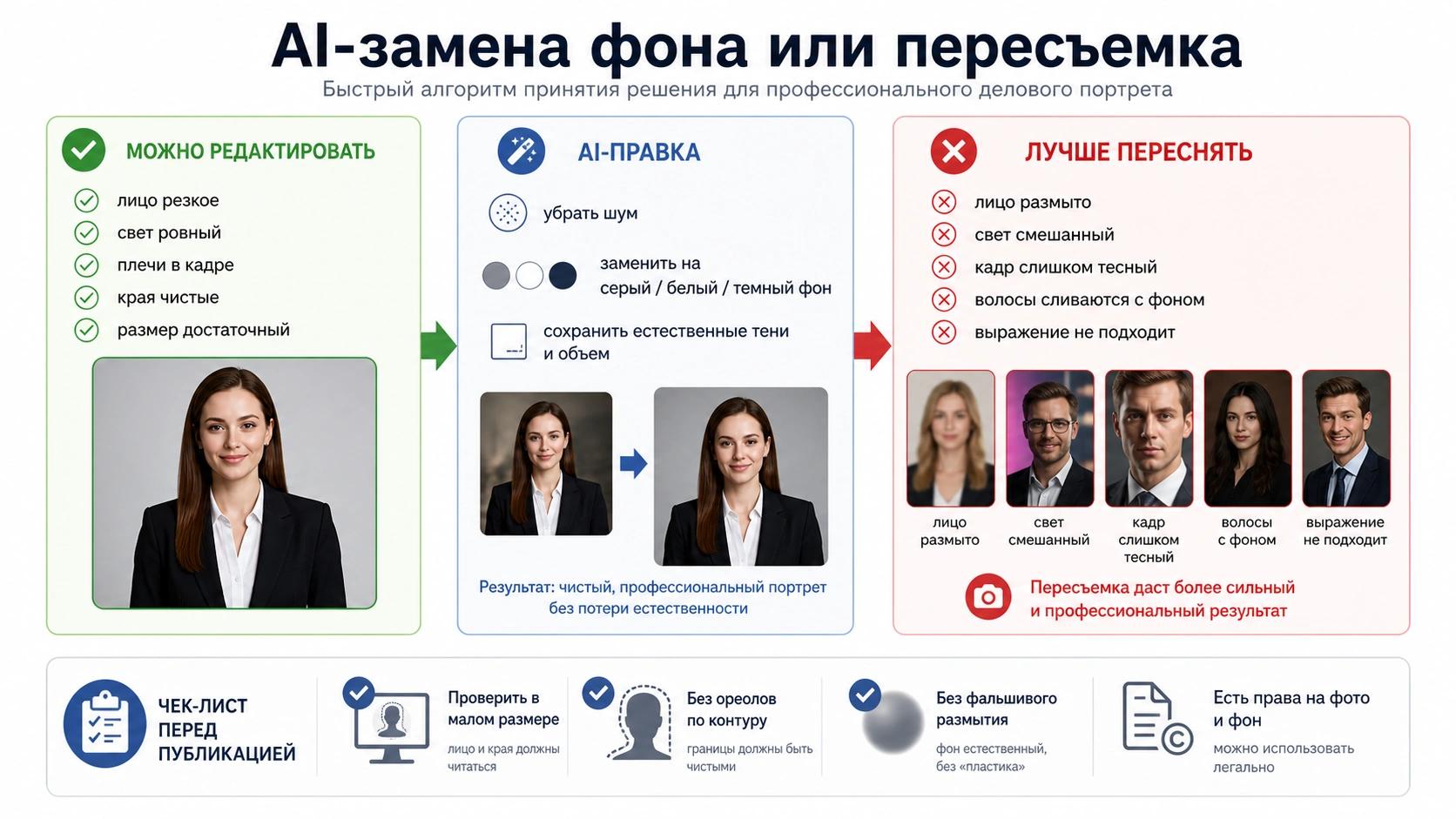 Схема решения: заменить фон с помощью AI или переснять деловой портрет