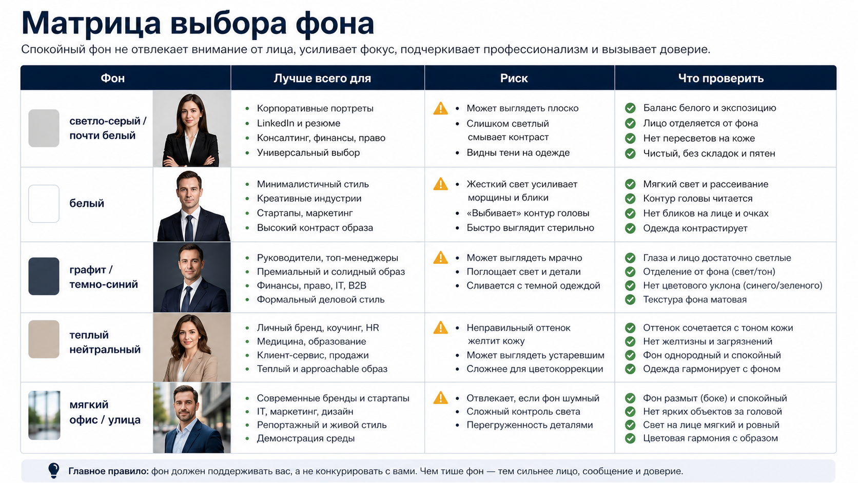 Матрица выбора фона для делового портрета: светлый, белый, темный и контекстный фон