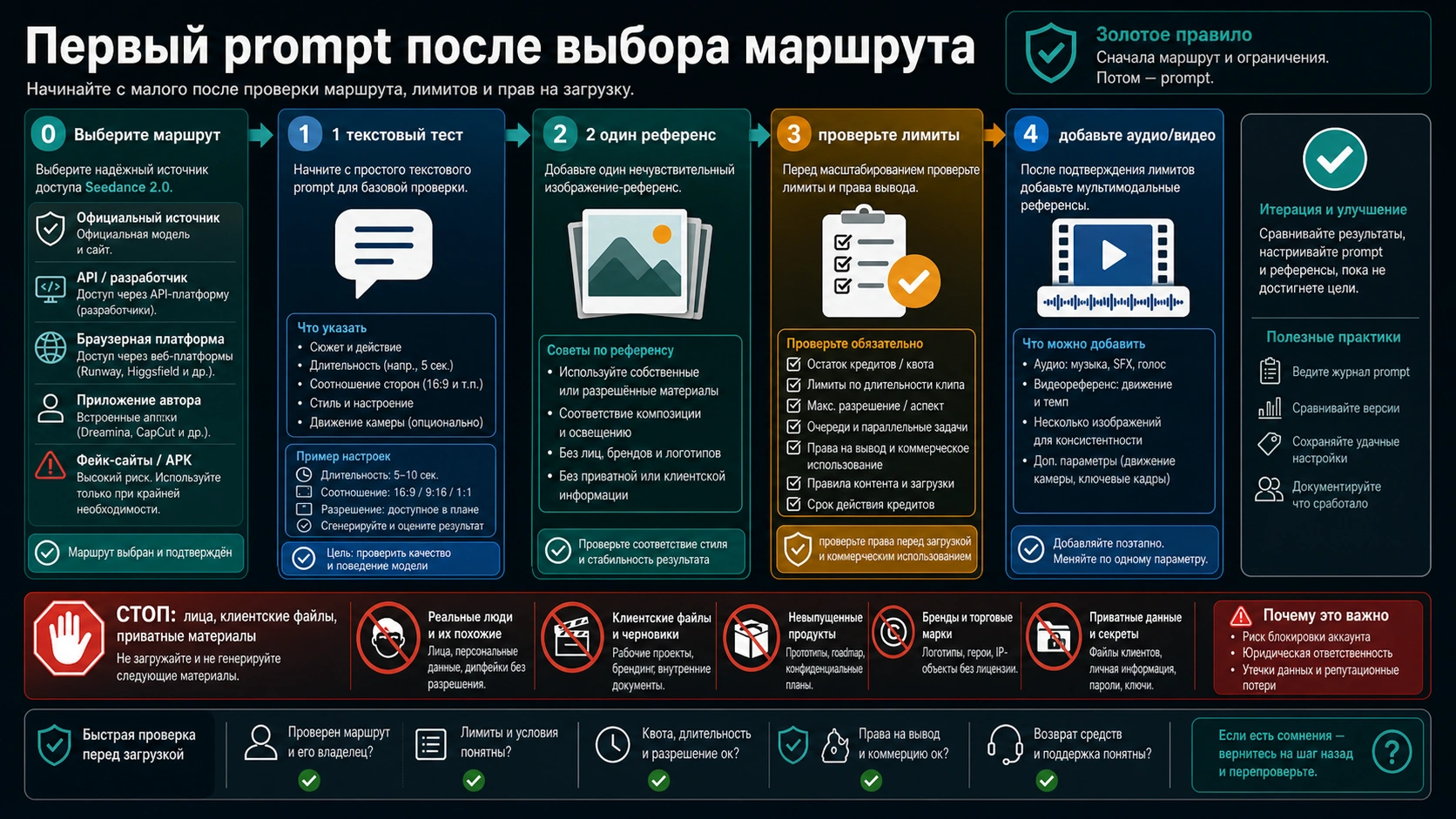 Первый prompt workflow для Seedance 2.0: text-only test, one reference, limit checks, multimodal references и upload stop rules