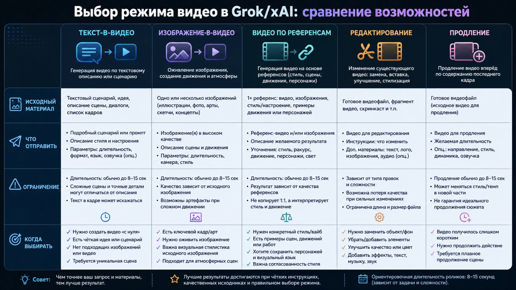 Выбор режима Grok/xAI video: text-to-video, image-to-video, reference-to-video, editing и extension