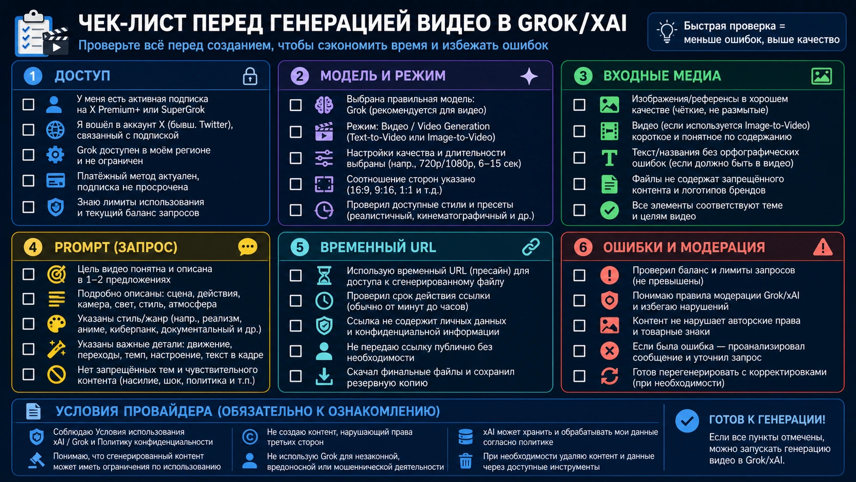 Проверка перед генерацией Grok/xAI video: доступ, режим, media, output, failure policy и safety