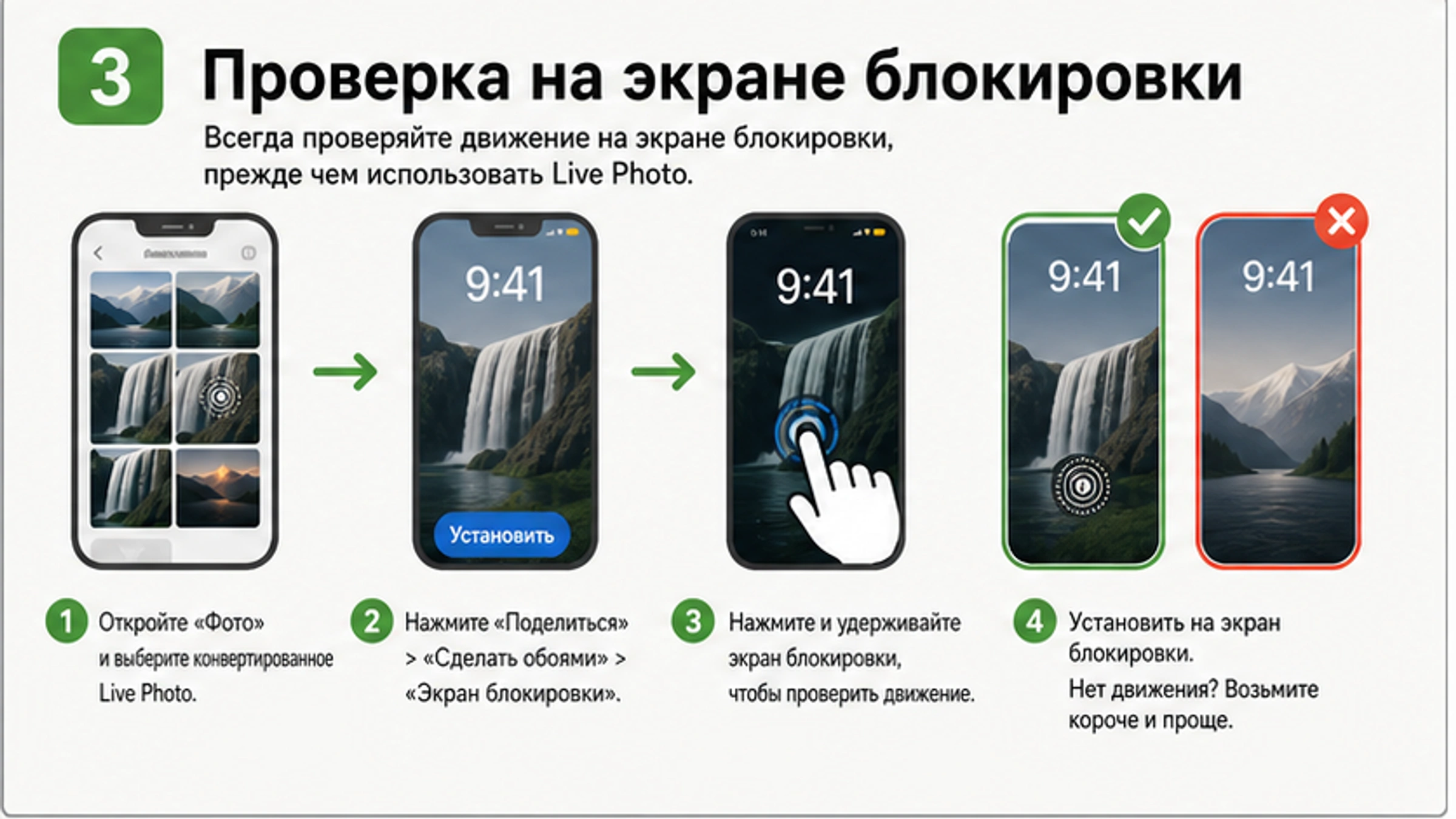 Процесс проверки живых обоев: сначала Фото, затем выбор экрана блокировки, затем пробуждение телефона.