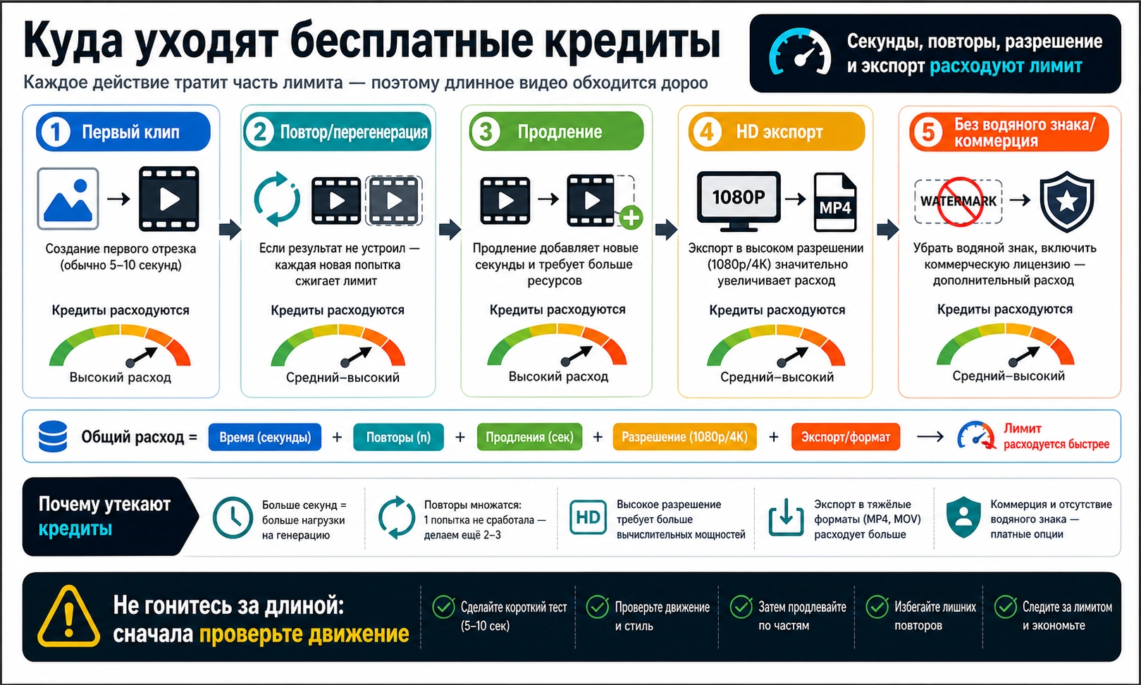 Карта расхода бесплатных кредитов: первый клип, повтор, продление, HD экспорт и удаление водяного знака