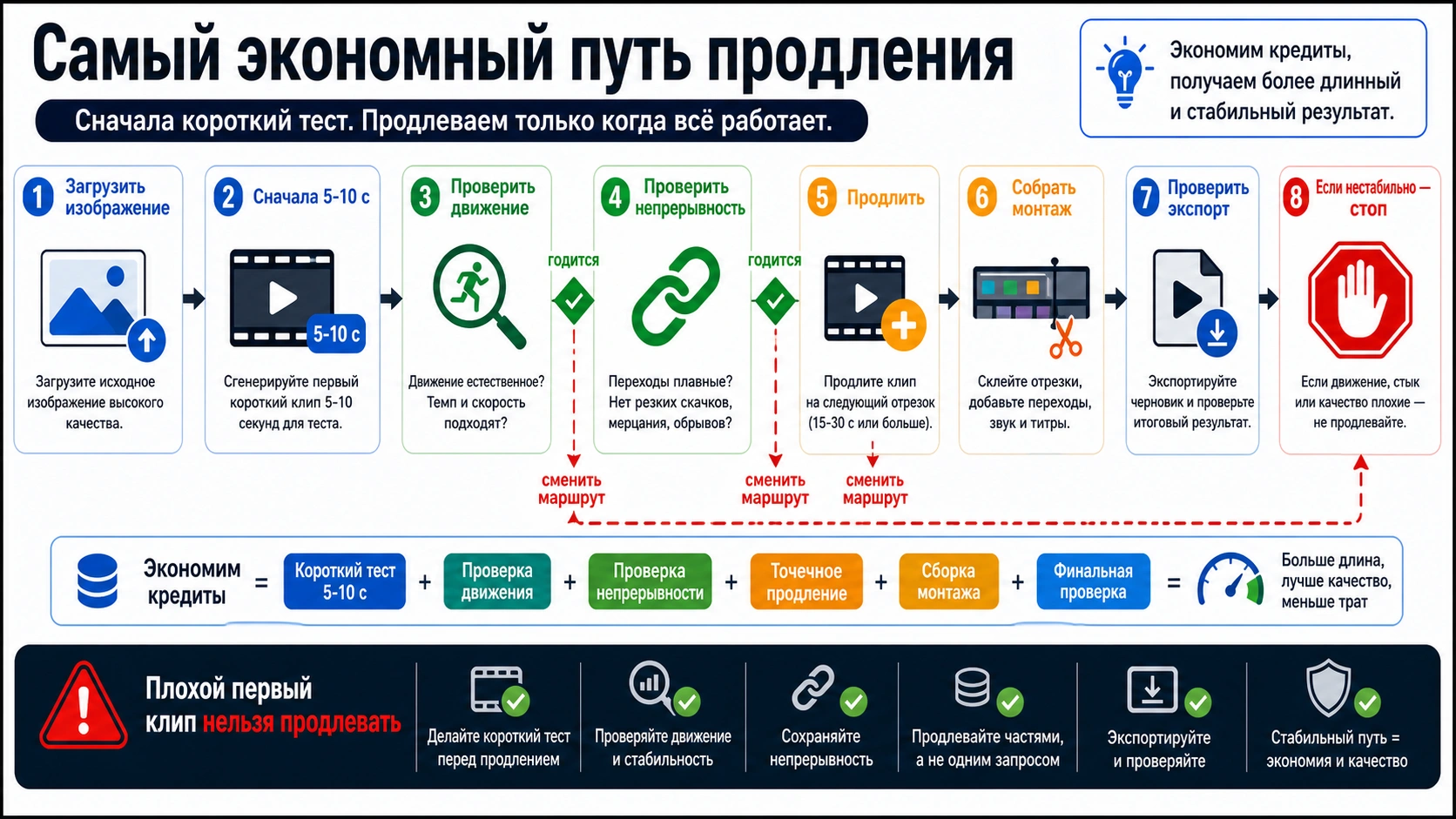 Процесс продления: сначала короткий клип, проверка движения и непрерывности, затем продление, монтаж, экспорт или остановка