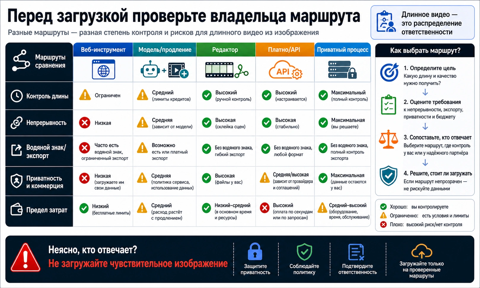 Матрица владельца маршрута сравнивает веб-инструмент, модель, редактор, API и приватный процесс по длине, экспорту, приватности и цене