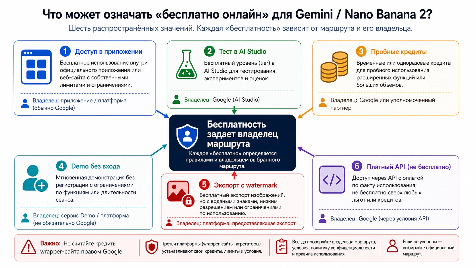 Декодирование бесплатных обещаний: приложение, AI Studio, пробные кредиты, демо, водяной знак и платный API