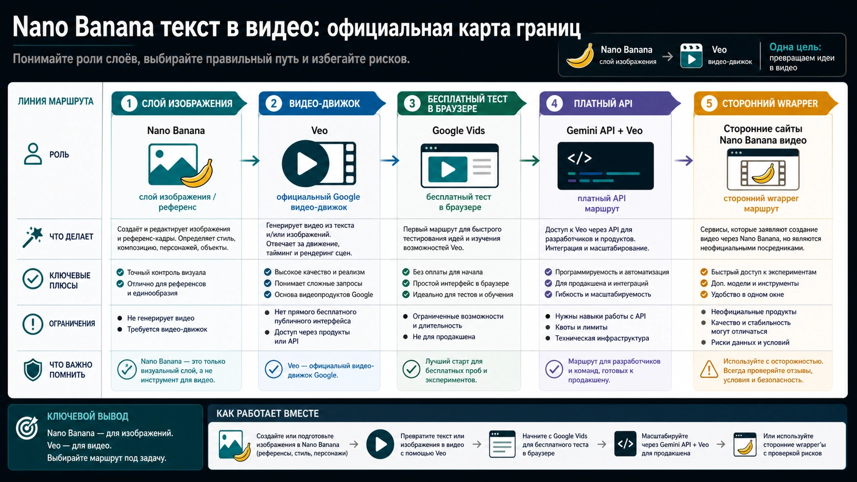 Карта официальных границ Nano Banana text-to-video: изображение, Veo, Google Vids, платный API и сторонние обертки.