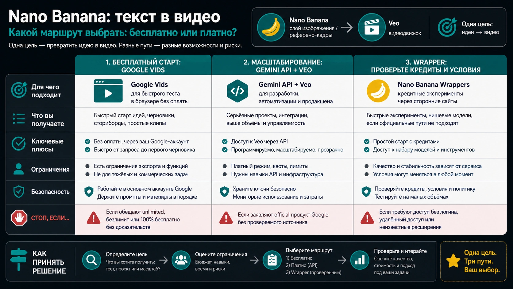 Схема выбора бесплатного и платного маршрута для Nano Banana video: Google Vids, Gemini API с Veo и проверенные сервисы.