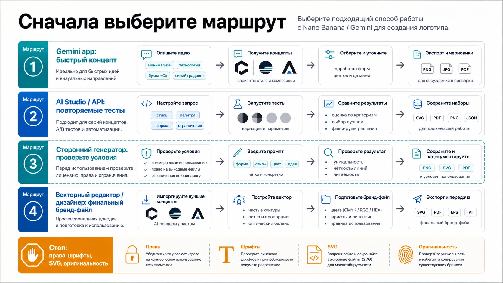 Маршрут выбора рабочего процесса Nano Banana для концепта логотипа