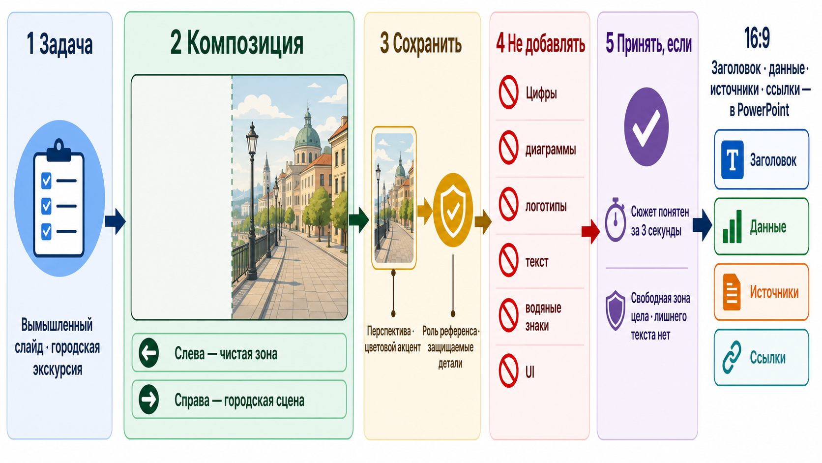 Структура задания для одного визуального блока: задача, композиция, свободная зона, ограничения и критерий приёмки