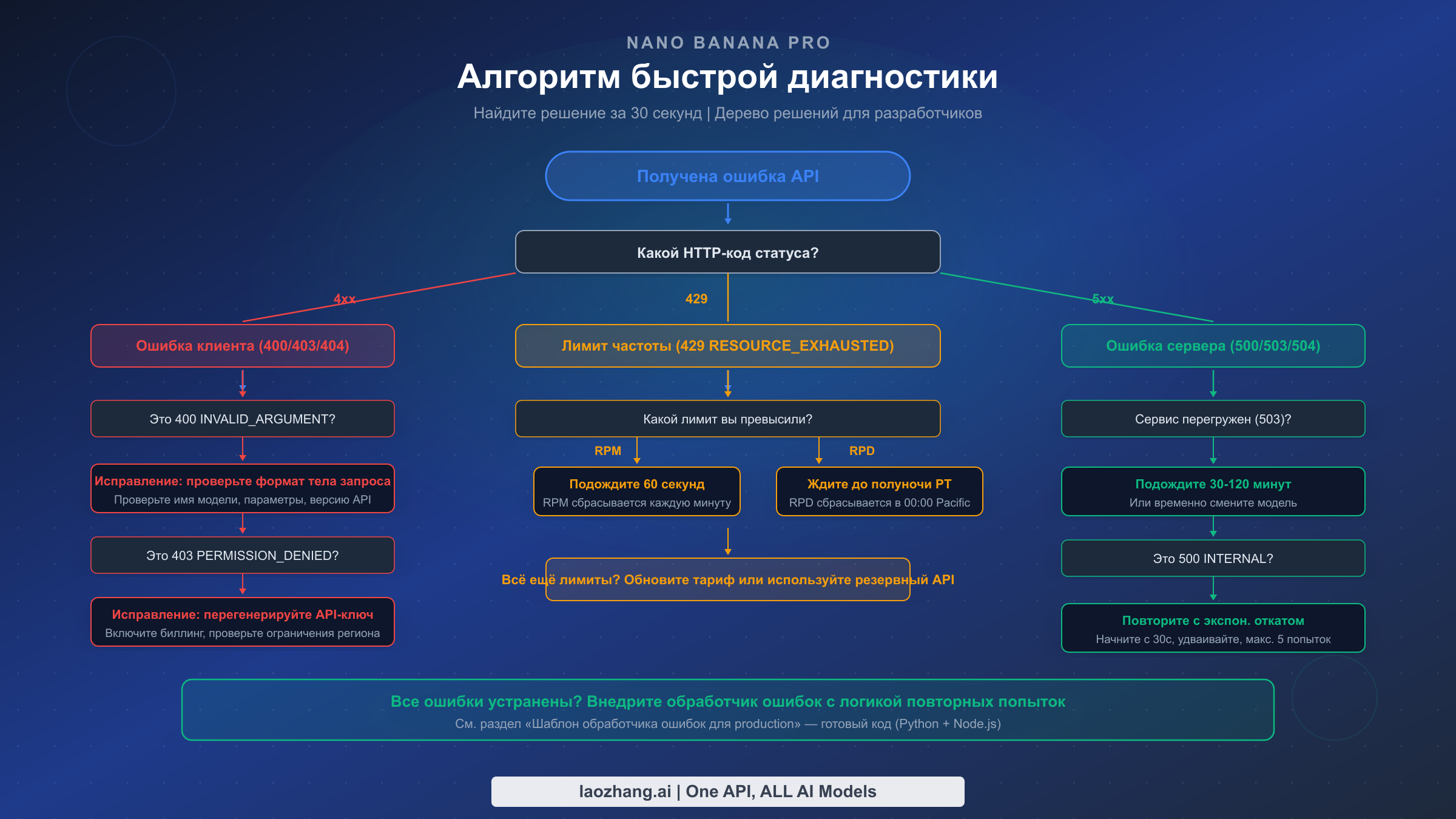 Блок-схема быстрой диагностики ошибок API Nano Banana Pro в виде дерева решений
