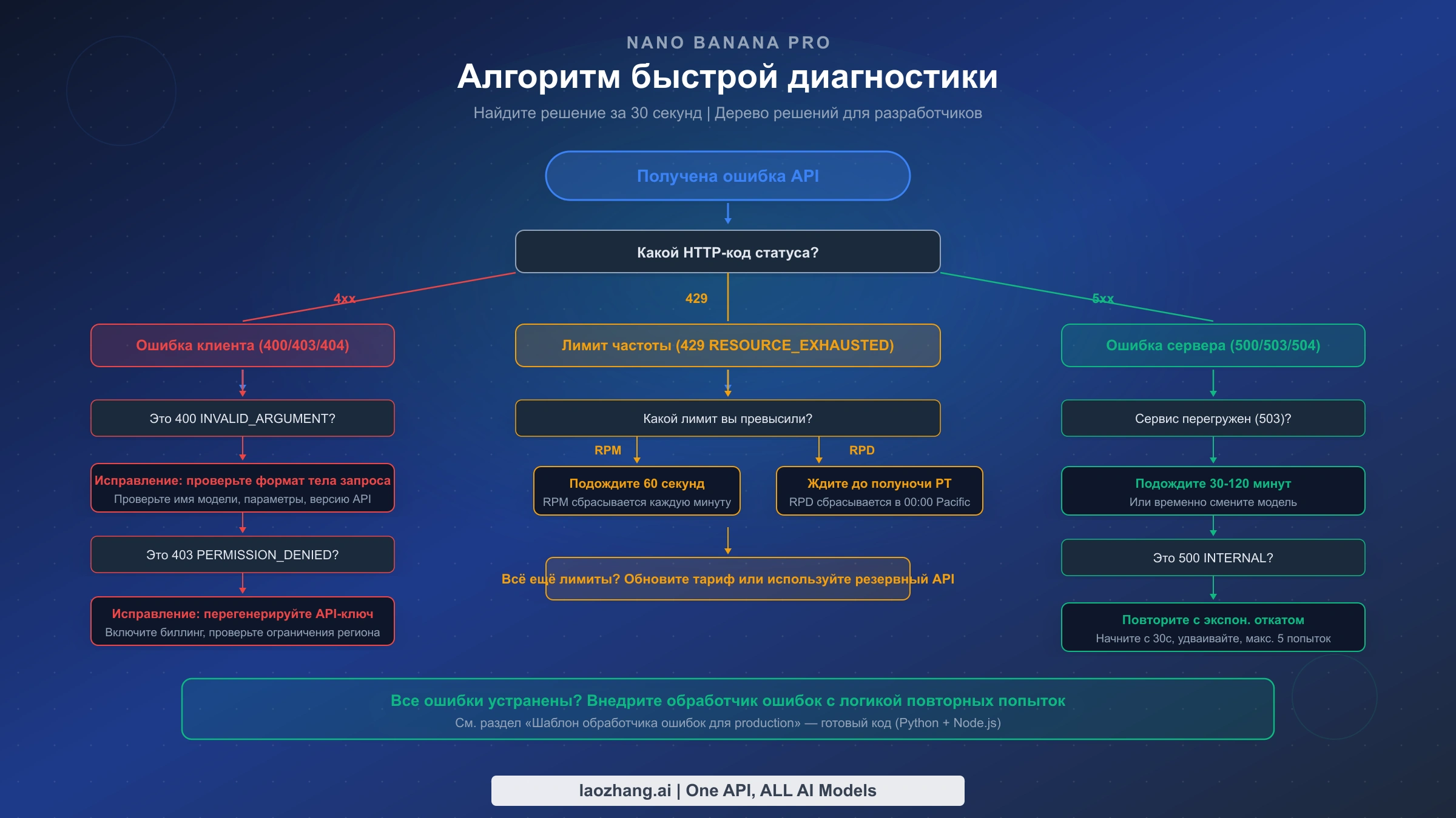 Блок-схема быстрой диагностики ошибок API Nano Banana Pro в виде дерева решений