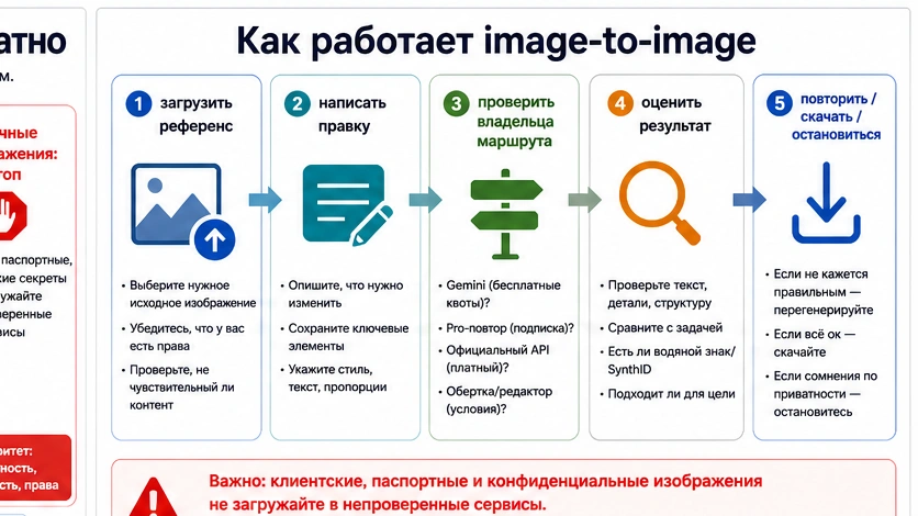 Рабочий процесс image-to-image: загрузить референс, написать правку, проверить владельца маршрута, оценить результат, повторить, скачать или остановиться