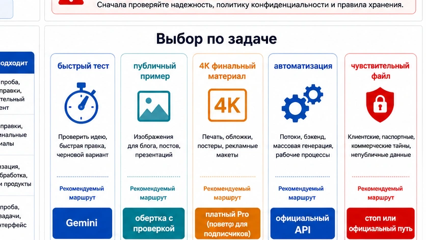 Матрица выбора маршрута: быстрый тест, публичный пример, 4K финальный материал, автоматизация и чувствительный файл