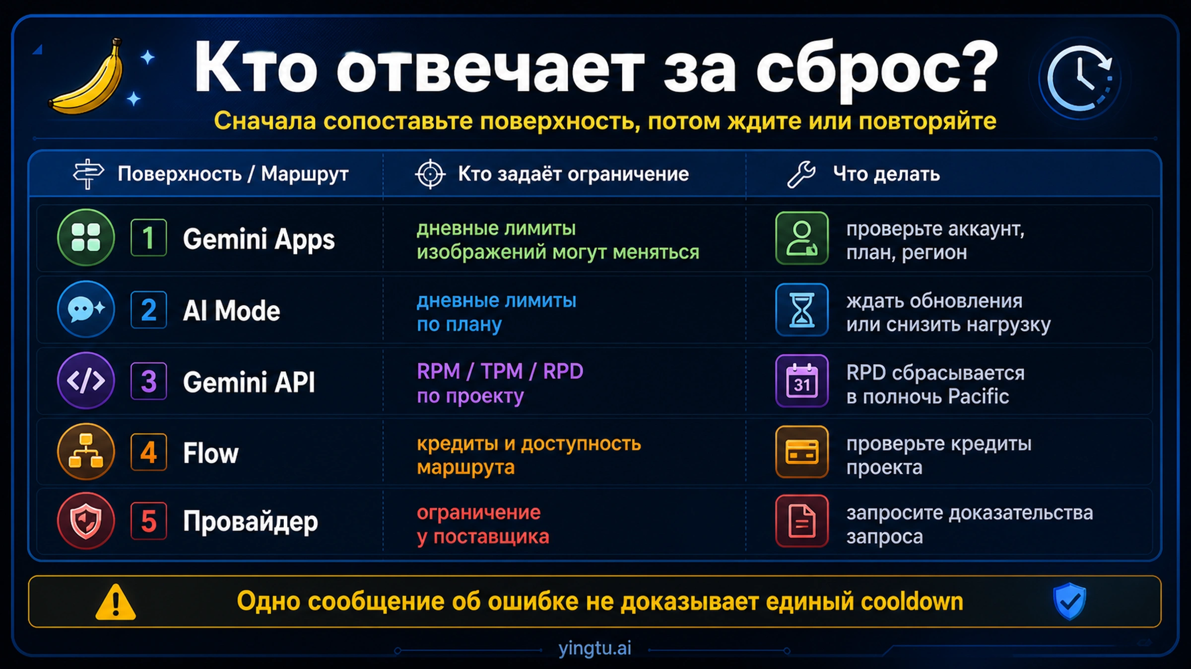 Карта владельцев сброса для Gemini Apps, AI Mode, API, Flow и сторонних сервисов
