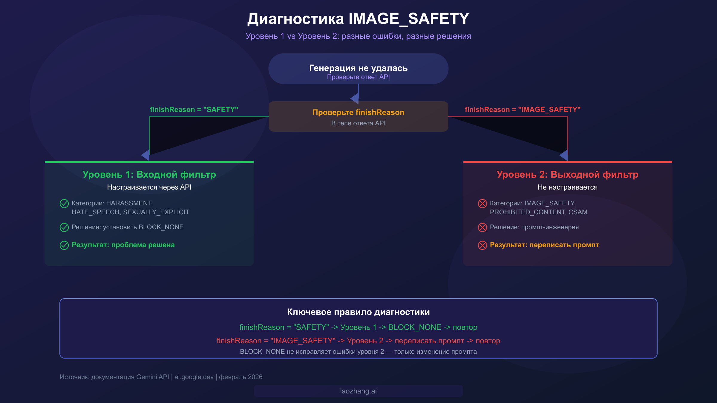 Диагностическая блок-схема IMAGE_SAFETY, показывающая различия между фильтрами Layer 1 и Layer 2 и соответствующие способы исправления