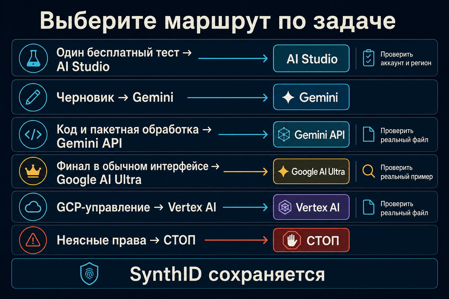 Матрица выбора Nano Banana по задаче: AI Studio, Gemini, API, Ultra, Vertex AI или остановка