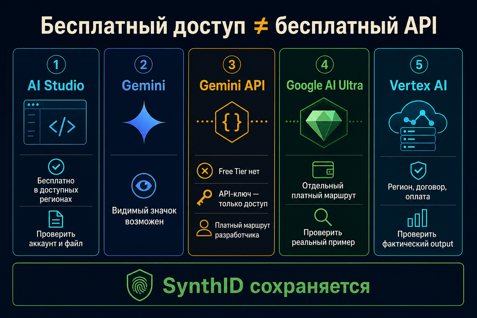 Различие между бесплатным интерфейсом AI Studio, Gemini, платным API генерации изображений, Ultra и Vertex AI