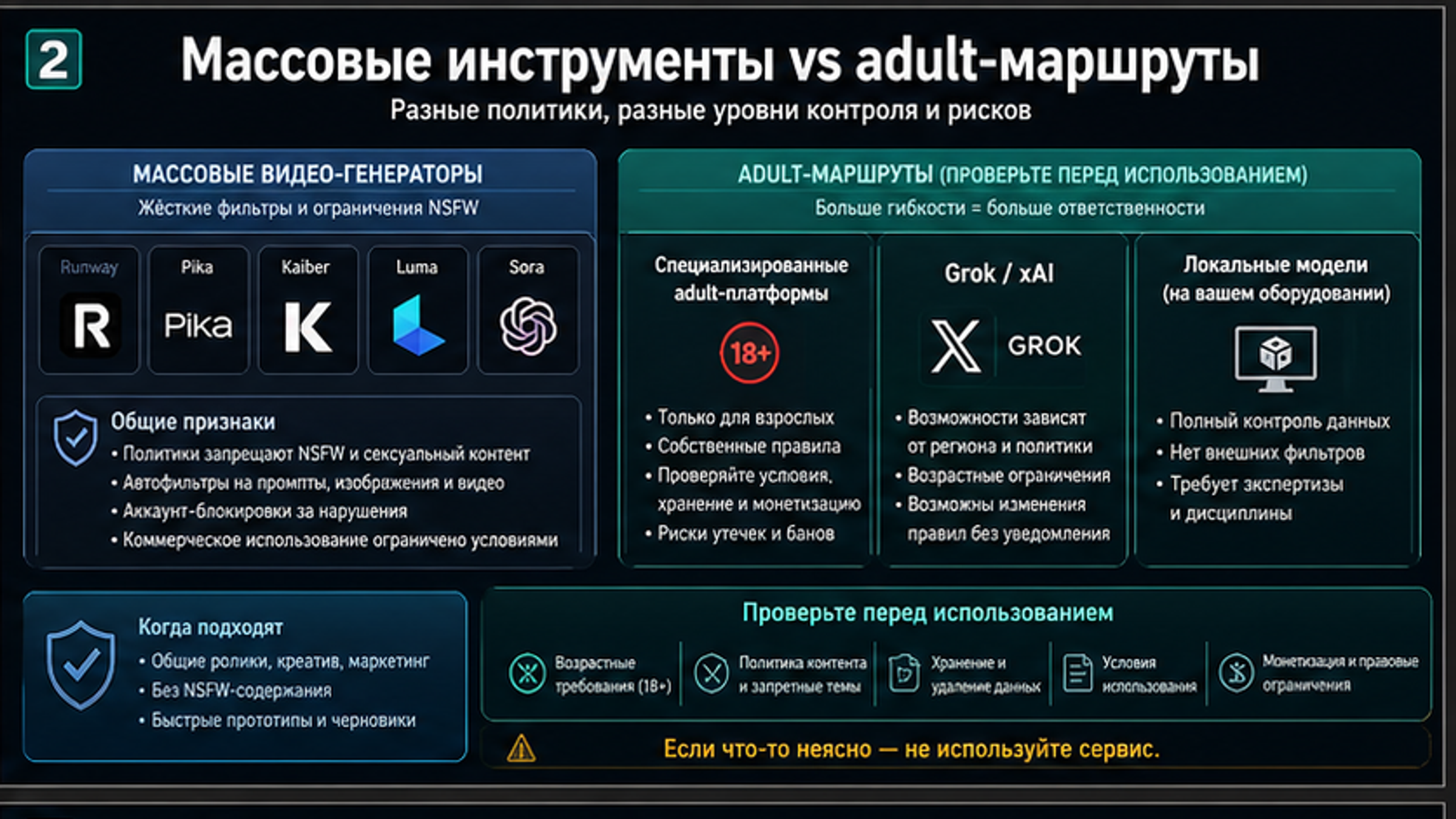Сравнение обычных AI-видеогенераторов и взрослых маршрутов для NSFW-видео с проверками политики