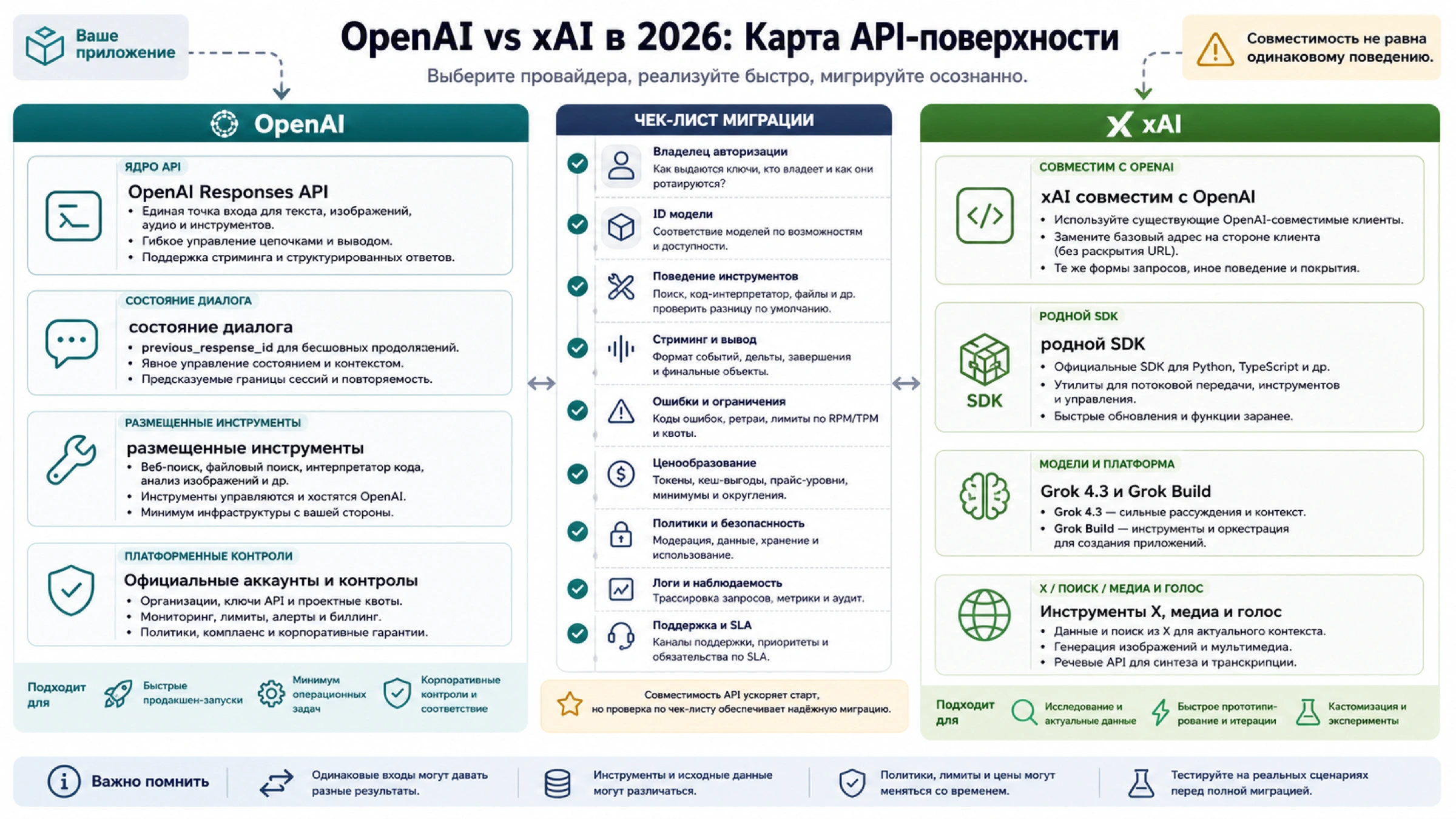 Карта OpenAI Responses API и OpenAI-совместимой миграции xAI с проверками владельца и поведения