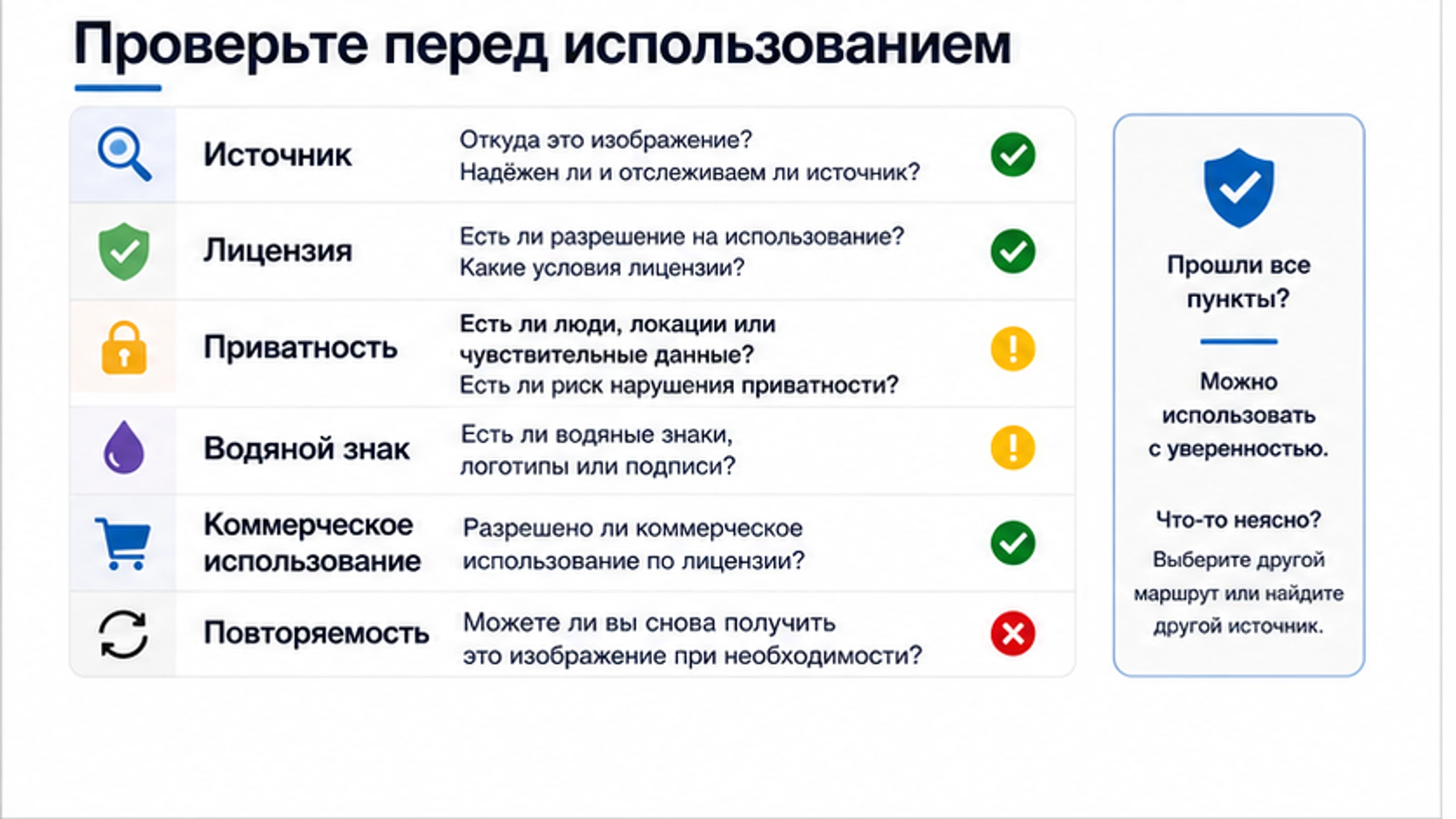 Чек-лист проверки источника, лицензии, приватности, водяных знаков, коммерческого использования и повторяемости