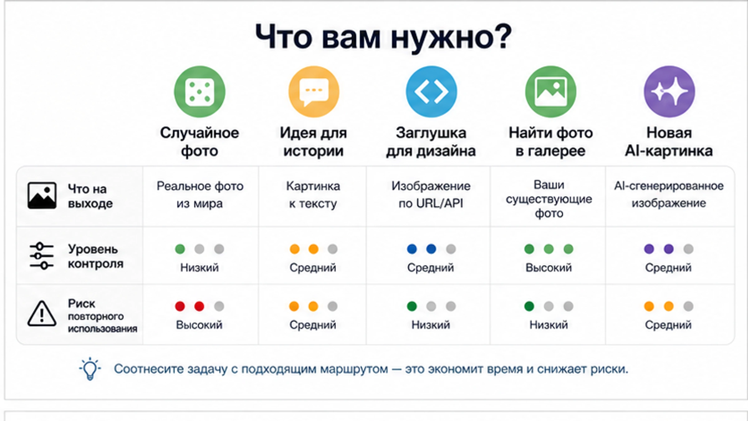 Сравнение маршрутов случайных изображений по типу результата, контролю и риску повторного использования