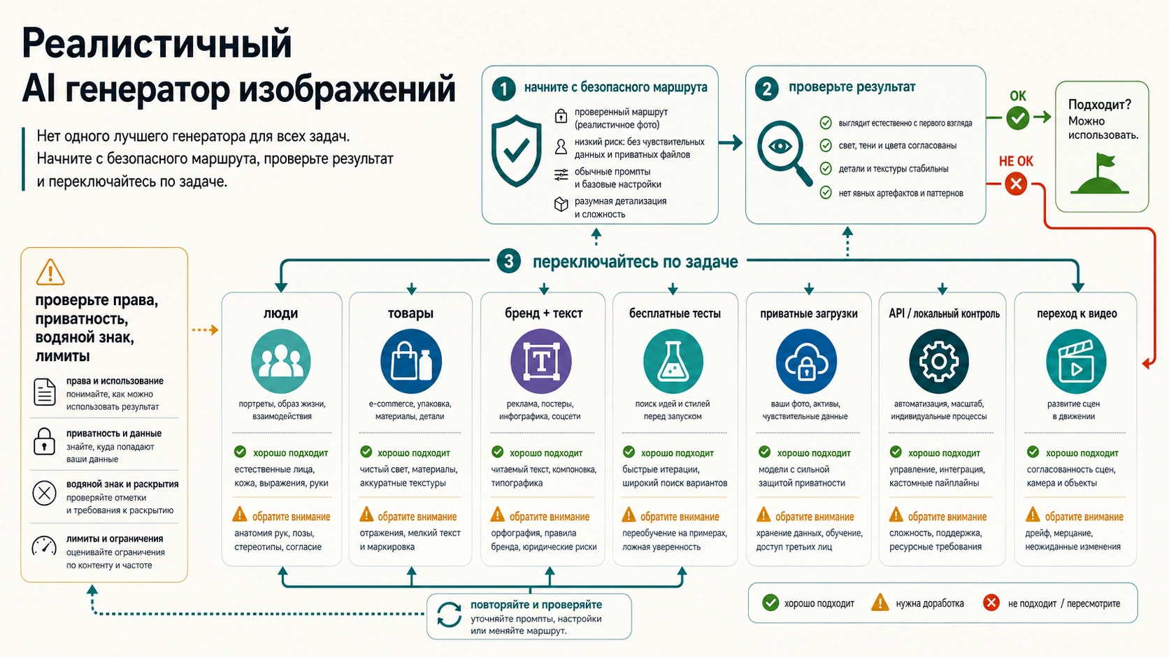 Реалистичный генератор изображений ИИ: выбор маршрута, проверки и стоп-правила