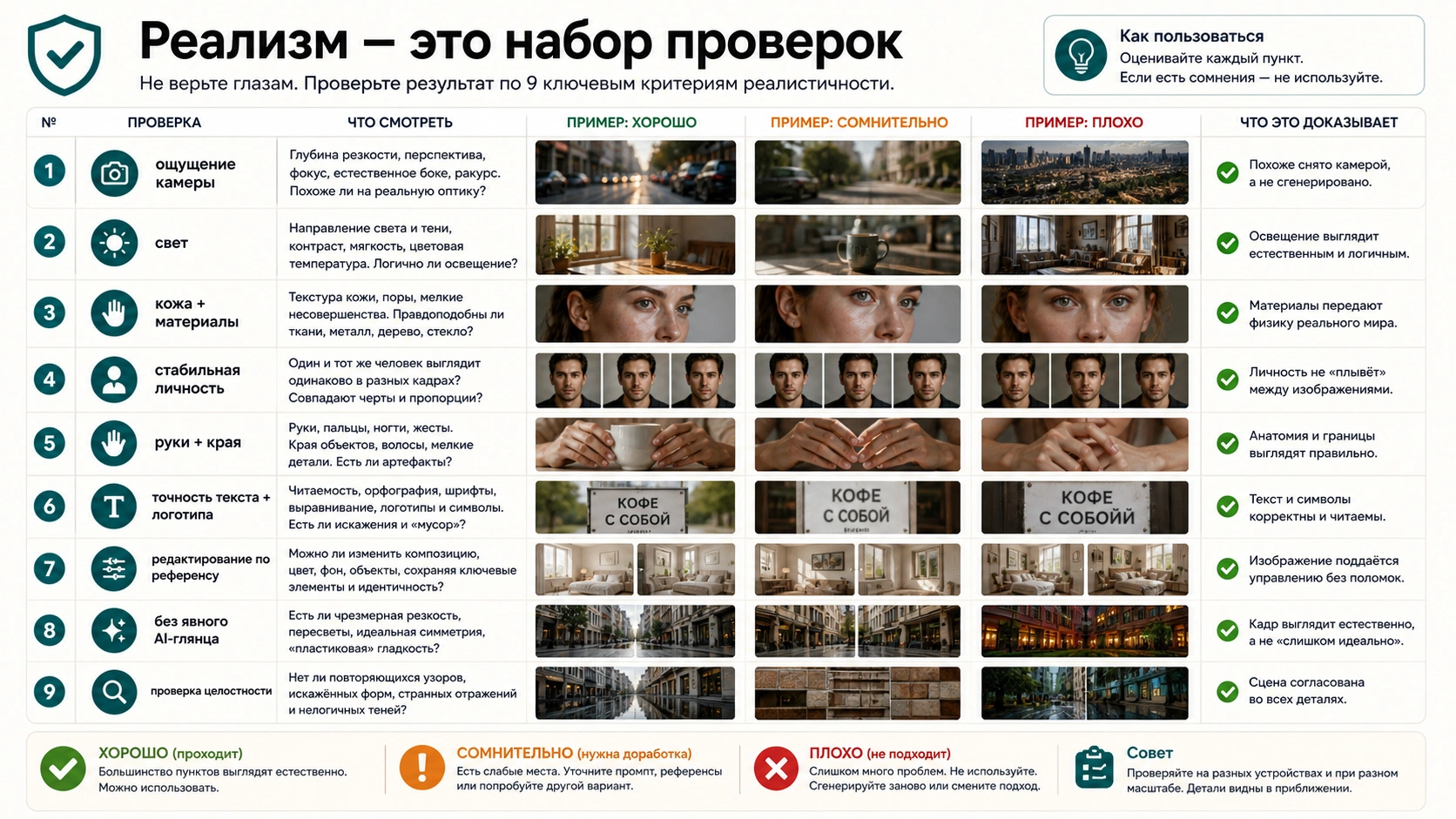 Матрица проверки реализма AI изображений с камерой светом кожей материалами идентичностью точностью текста и AI артефактами