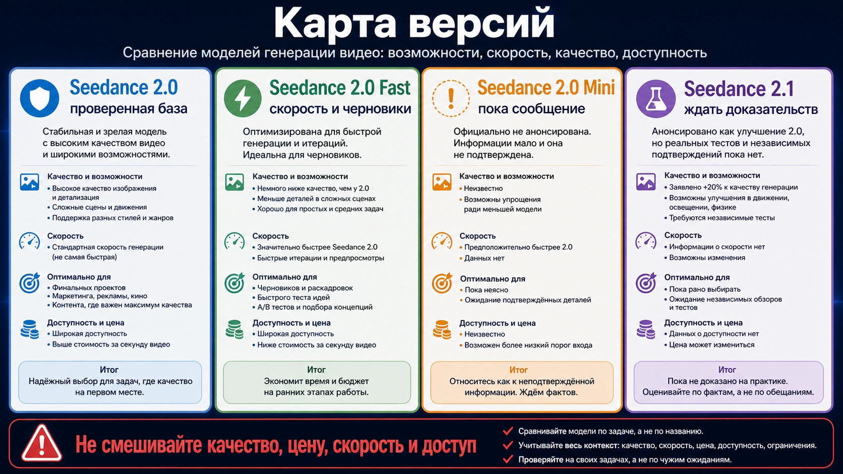 Карта версий Seedance 2.0, Seedance 2.0 Fast, Seedance 2.0 Mini и Seedance 2.1