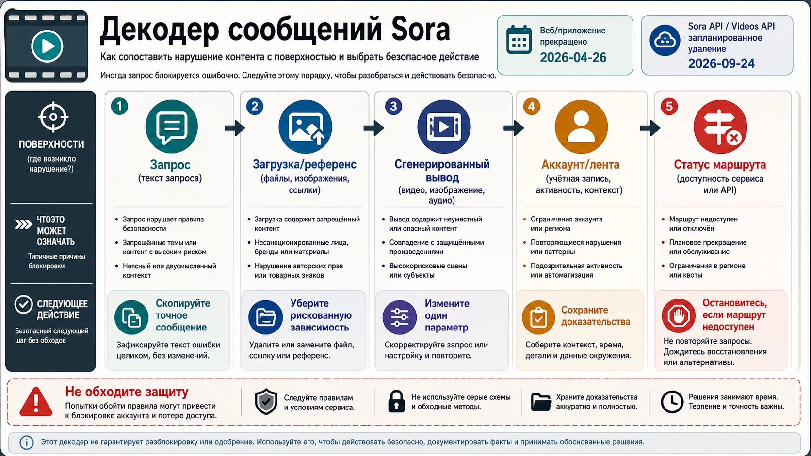 Sora content violation message decoder by surface