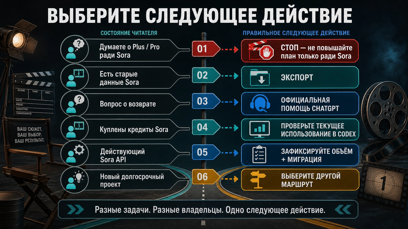 Карта действий Sora 2: остановить покупку, экспортировать, запросить возврат, проверить кредиты, мигрировать API или выбрать замену