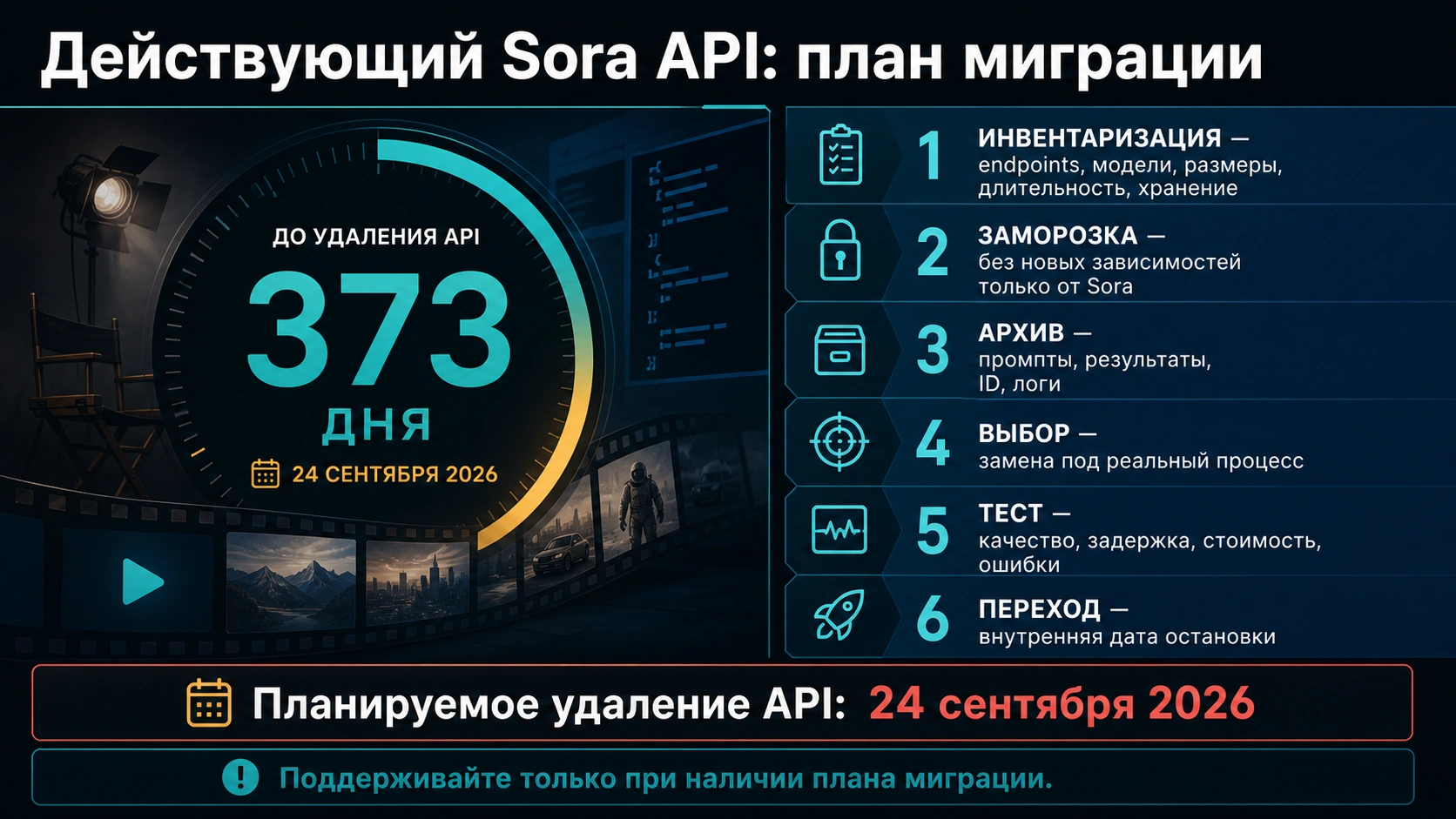 Срок миграции Sora API: инвентаризация, эталонные примеры, проверка замены и переключение до 24 сентября 2026 года