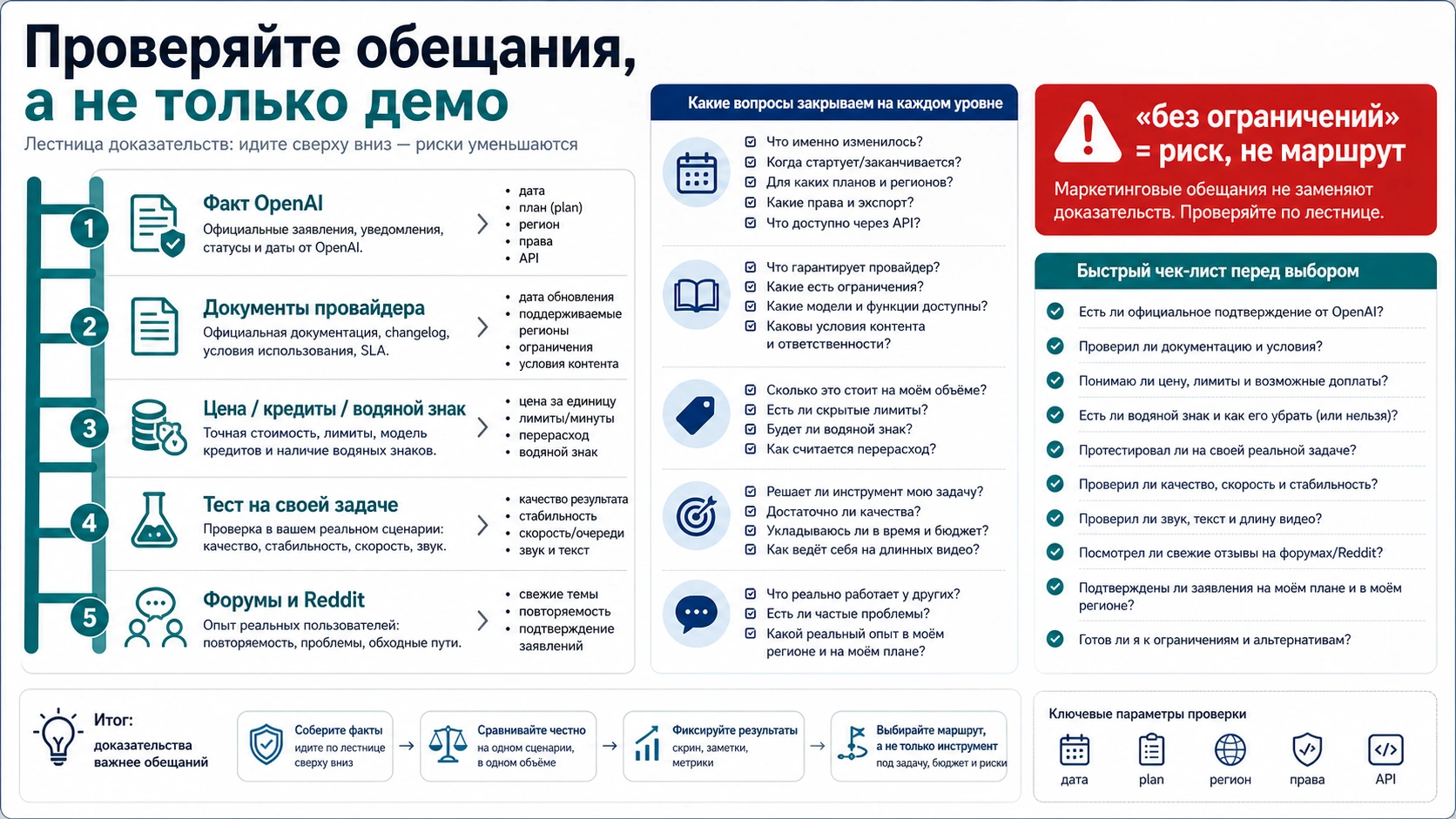 Лестница проверки обещаний Sora alternatives: факт OpenAI, документы провайдера, цена, тест, форумы и риск без ограничений