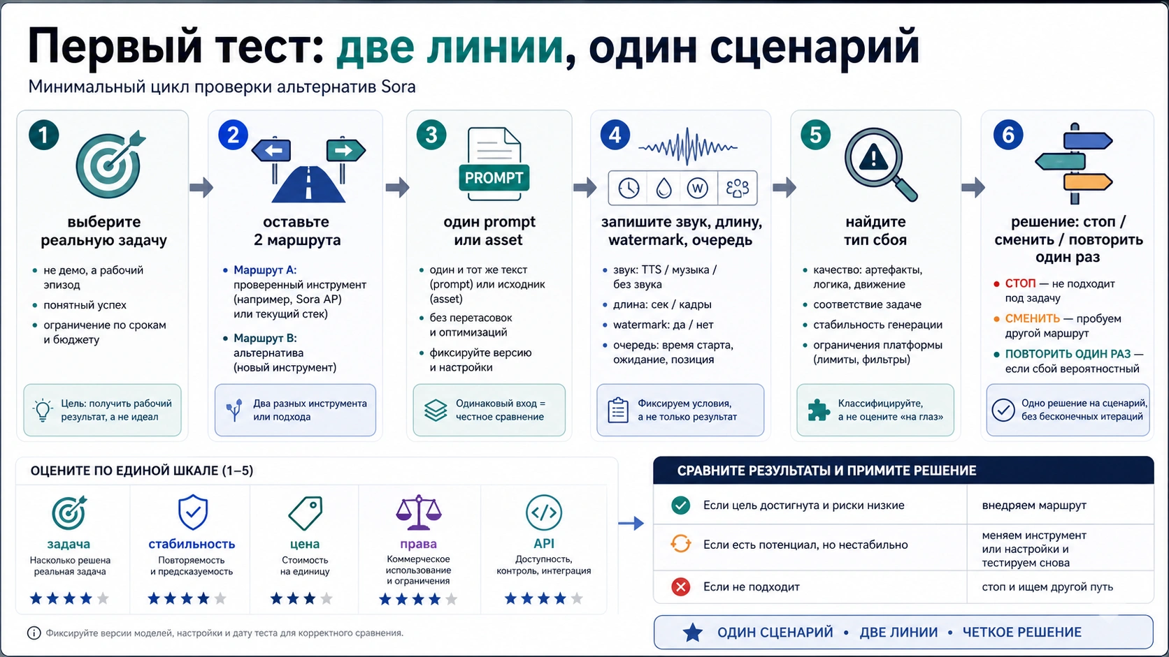 Русский процесс первого теста альтернатив Sora: две линии, один сценарий, проверка сбоя и решение