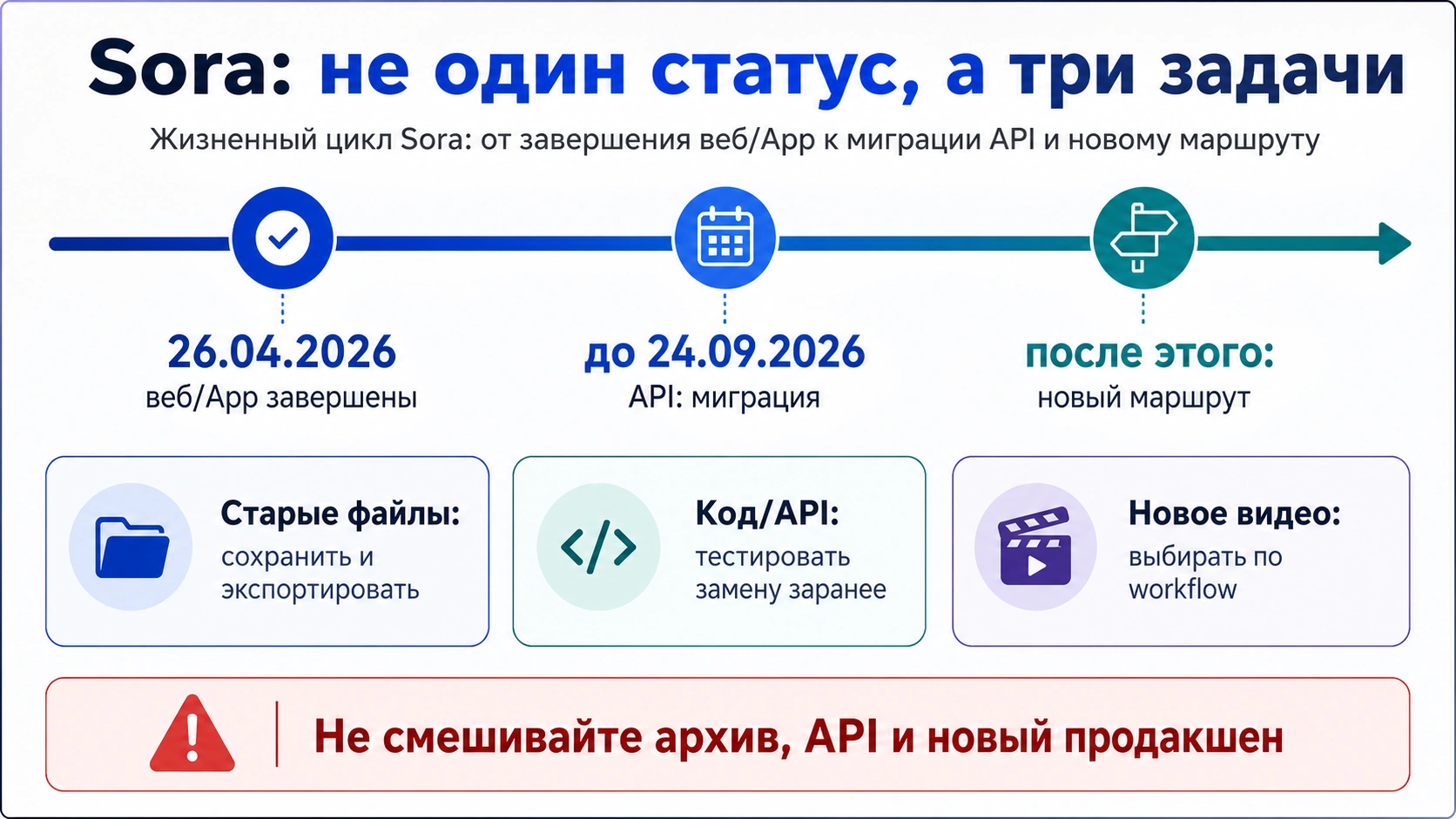 Русская шкала статуса Sora: веб и App завершены 26.04.2026, API требует миграции до 24.09.2026