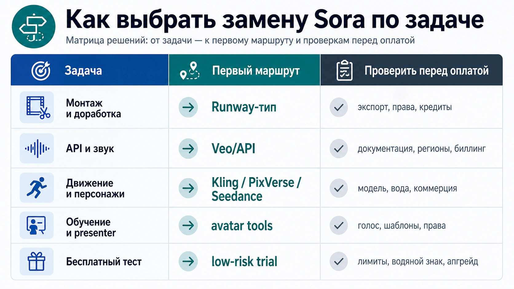 Матрица выбора русских маршрутов замены Sora по задаче, маршруту и проверке перед оплатой