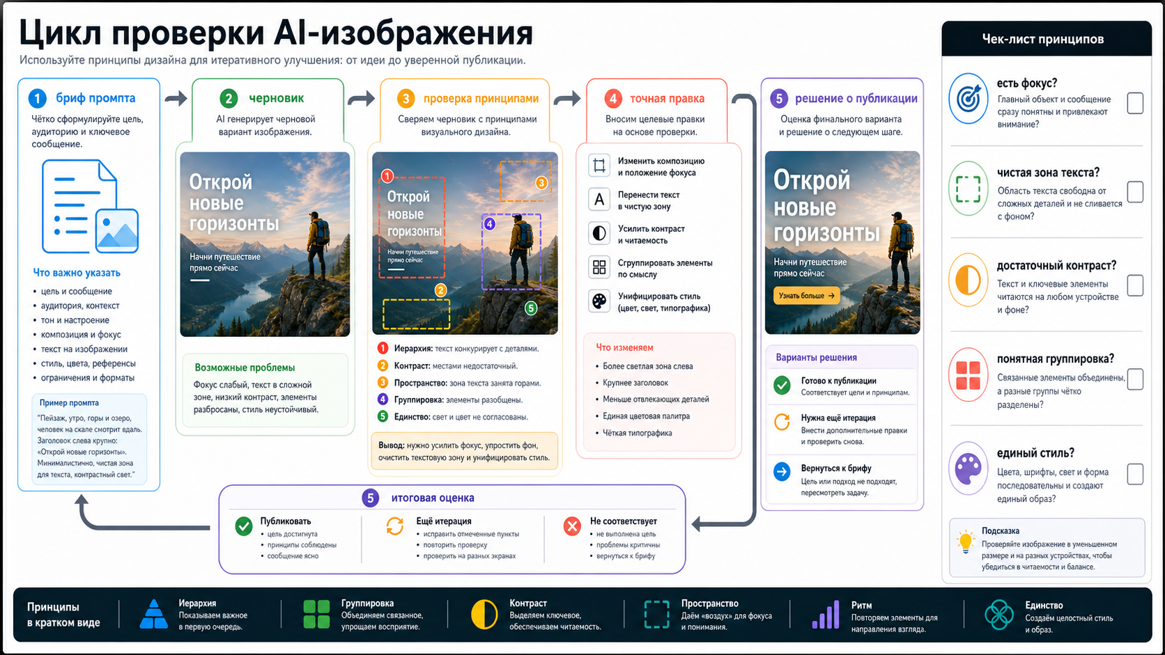 Цикл проверки AI-изображения от брифа и черновика к принципиальной проверке, точной правке и решению о публикации