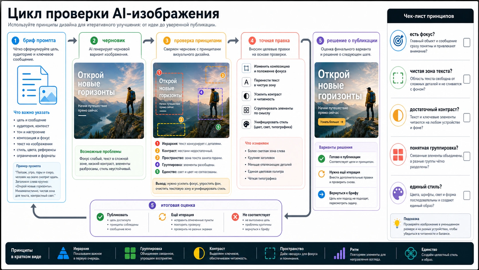 Цикл проверки AI-изображения от брифа и черновика к принципиальной проверке, точной правке и решению о публикации