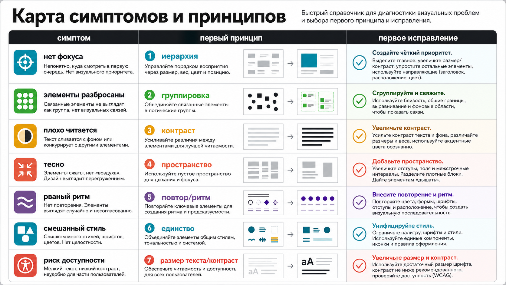 Карта симптомов и принципов, показывающая, что проверять при слабом фокусе, разбросанных элементах, низкой читаемости, тесном макете и смешанном стиле