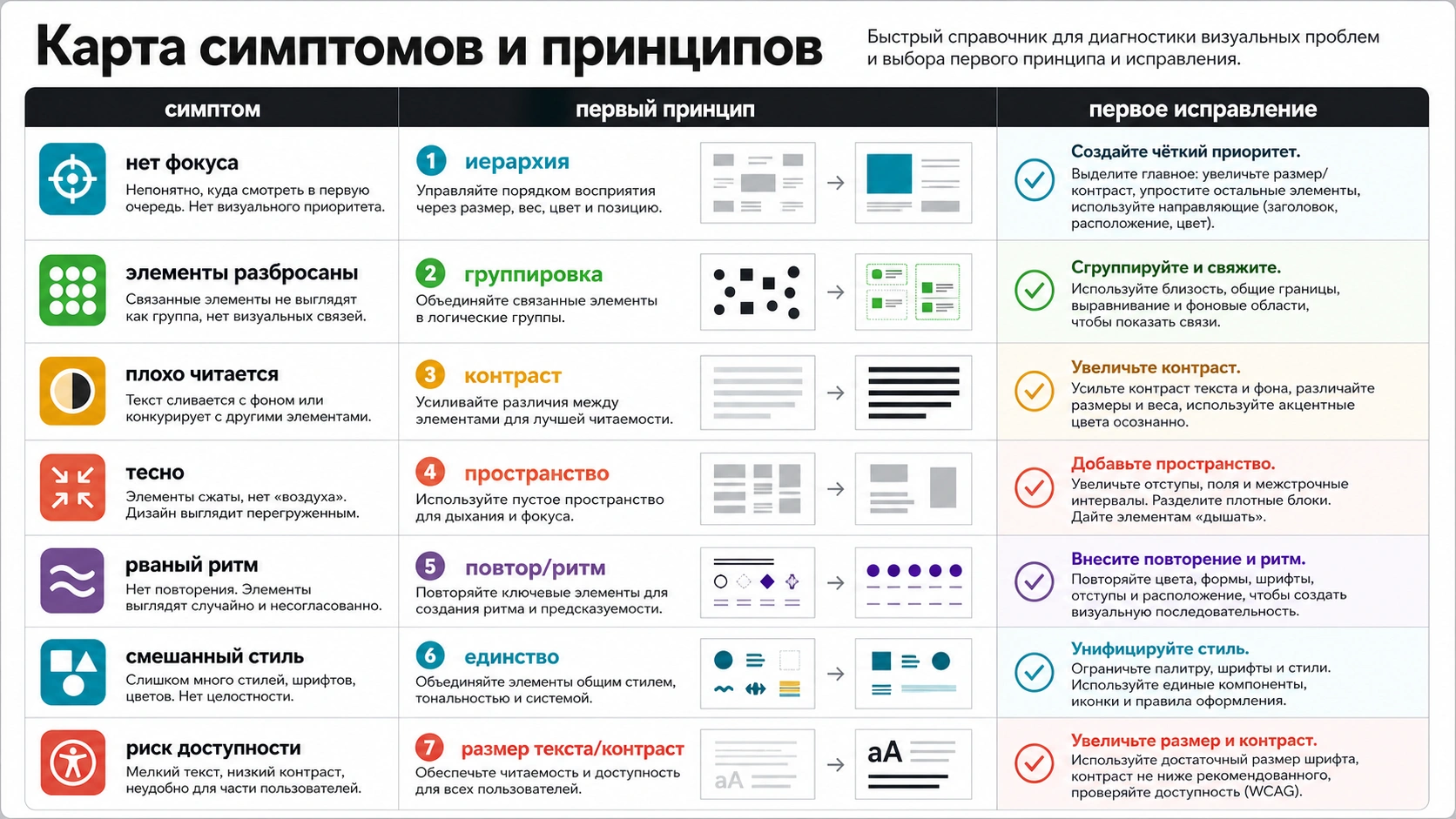 Карта симптомов и принципов, показывающая, что проверять при слабом фокусе, разбросанных элементах, низкой читаемости, тесном макете и смешанном стиле