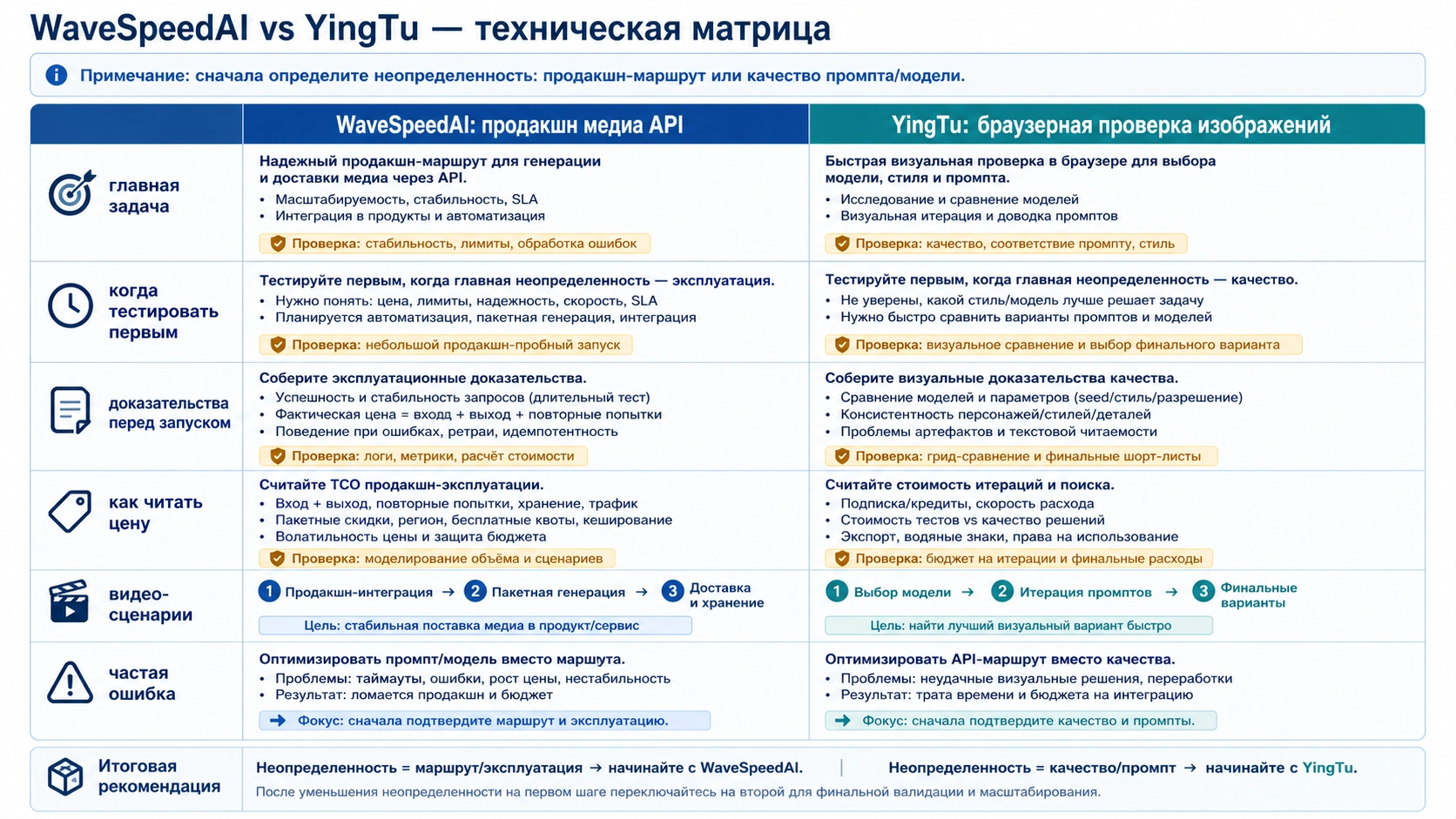 Matrix comparing WaveSpeedAI production platform and YingTu browser playground