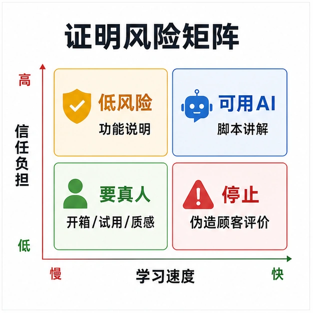 证明风险矩阵，区分功能说明、AI脚本讲解、真人试用证明和伪造评价停止线