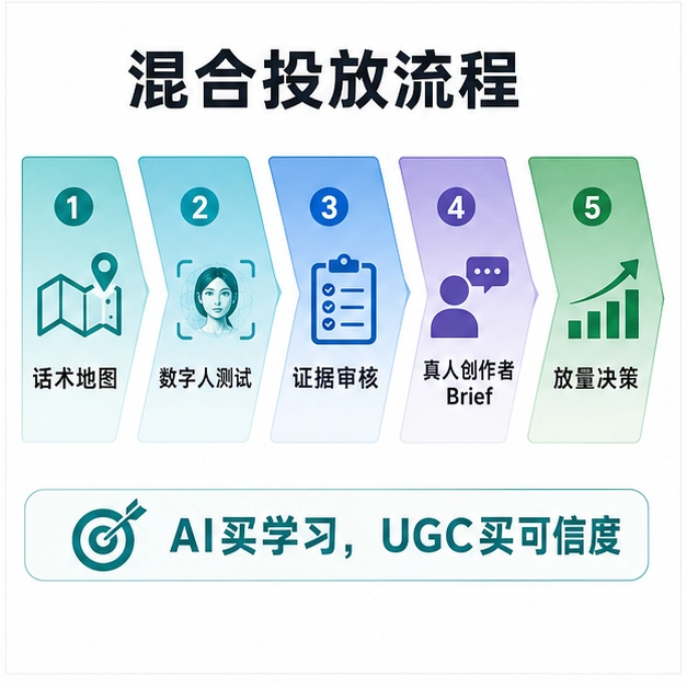 混合投放流程，从话术地图到数字人测试、证据审核、真人创作者brief和放量决策