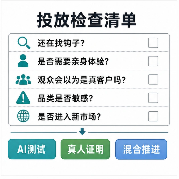 AI数字人与UGC广告投放检查清单，用于判断AI测试、真人证明或混合推进