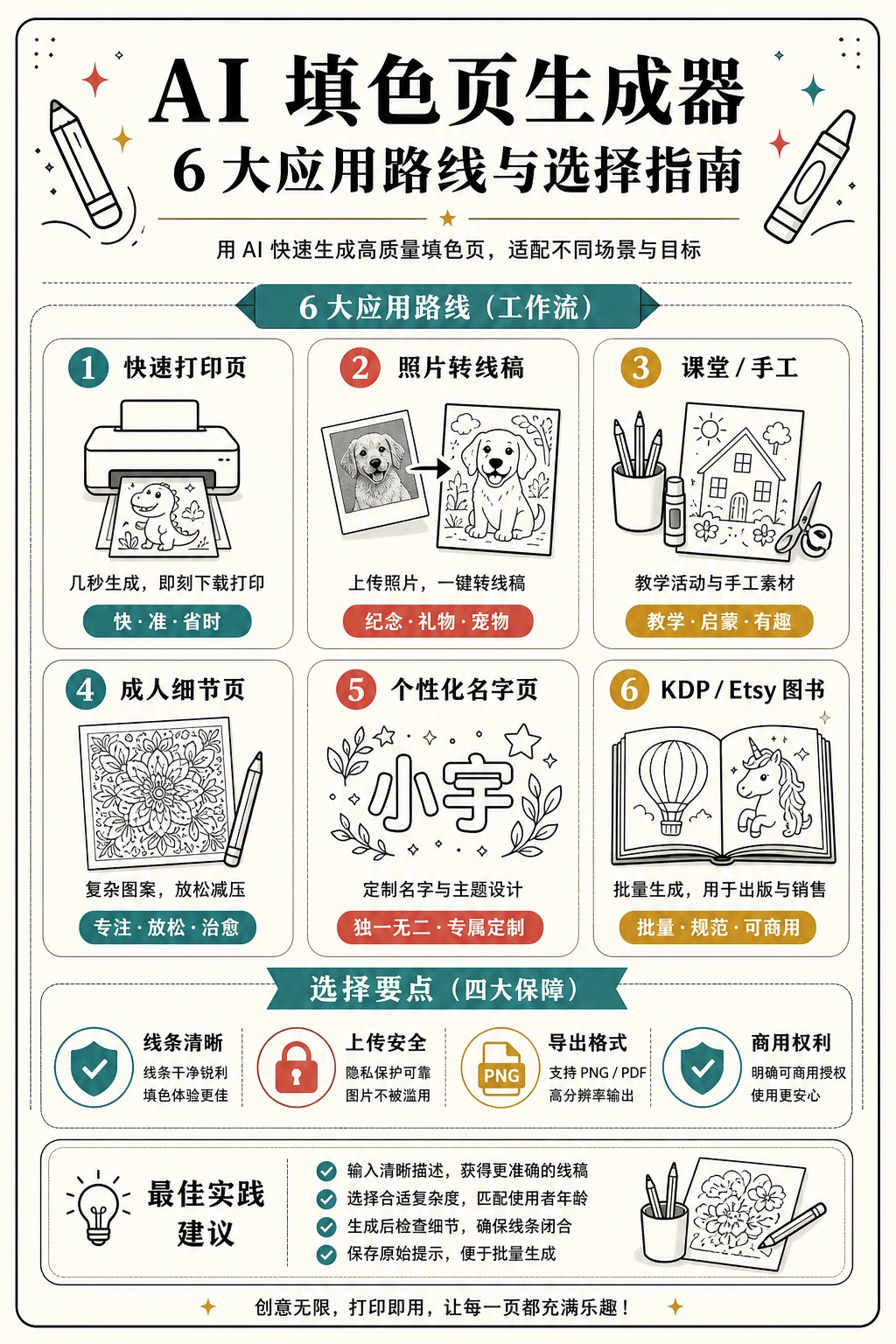 AI 涂色页生成器:用提示词或照片制作可打印线稿